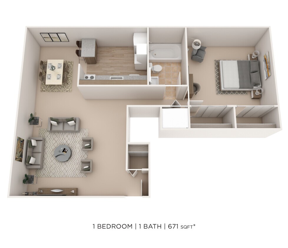 Floor Plan - One Bedroom- 671 sqft