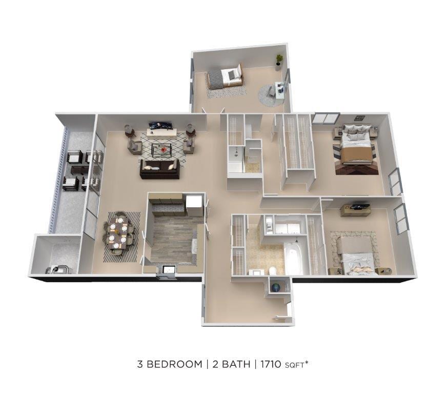 Floor Plan - Three Bedroom 2 Bath w/ Den - 1,710 sqft