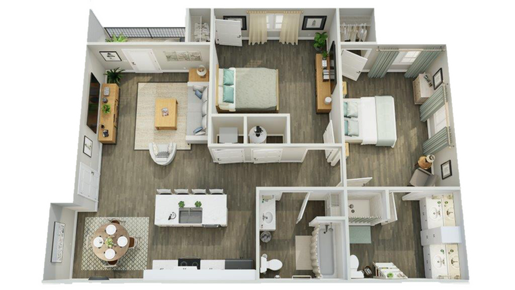 Modern floor plan showcasing two inviting bedrooms, elegant open living and dining areas, and a sleek kitchen, perfect for stylish living. - 2 Bedroom, 2 Bathroom