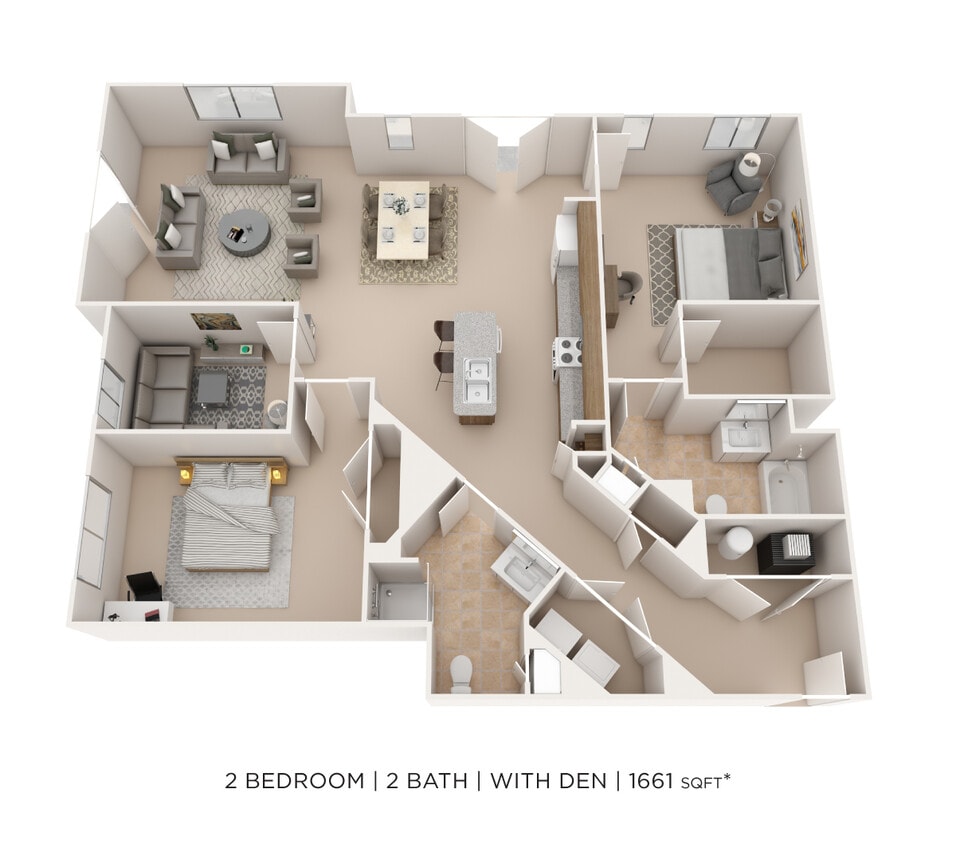Floor Plan - Two Bedroom 2 Bath w/ Den- 1661 sqft