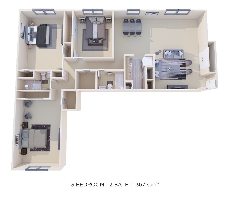 Floor Plan - Three Bedroom 2 Bath - 1,367 sqft