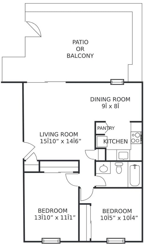 Meridian Lakes Floor Plan - Evan 825 sq. ft..jpg - 2Bed/1Ba-Dn (E)