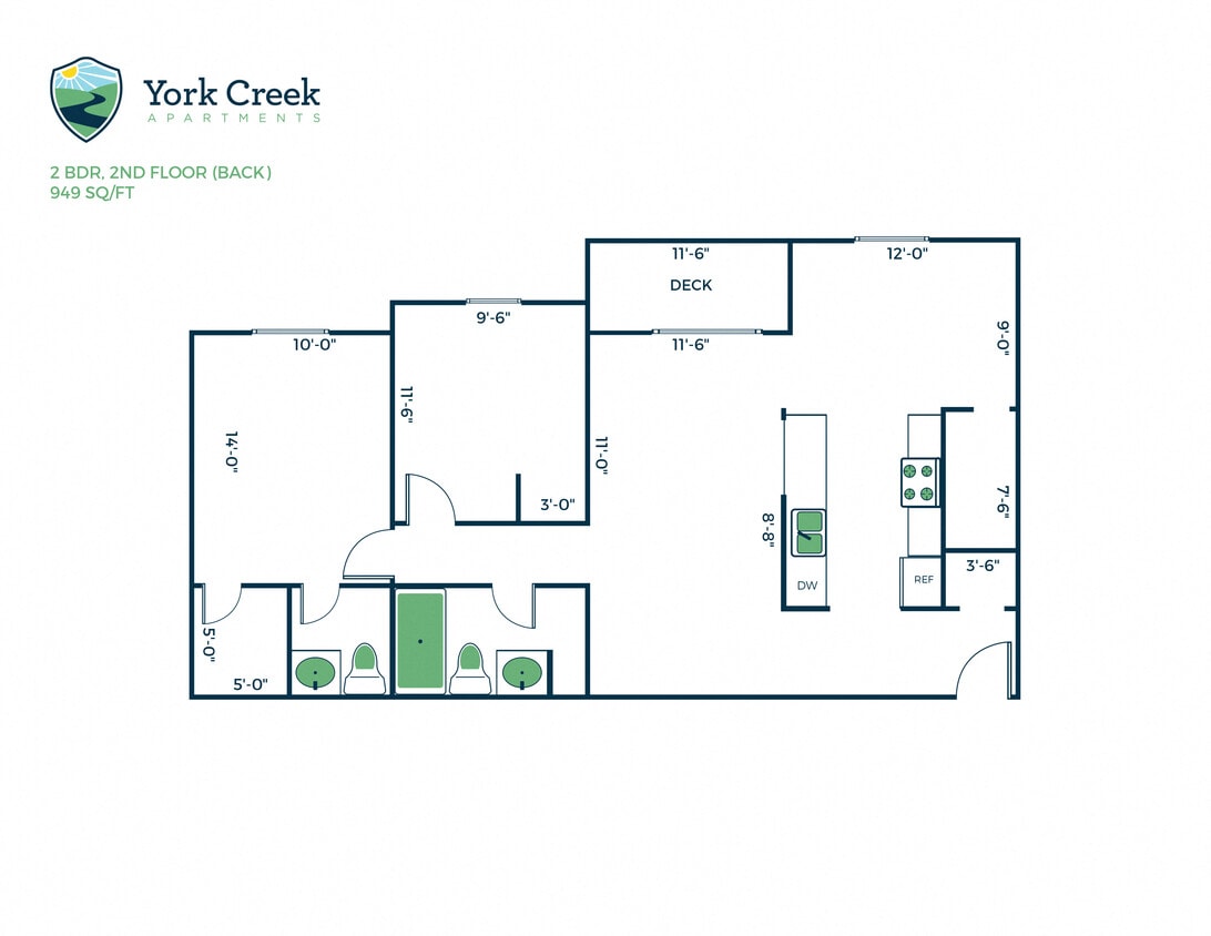 Floor Plan - 2 Bed, 1.5 Bath - 949 sq ft