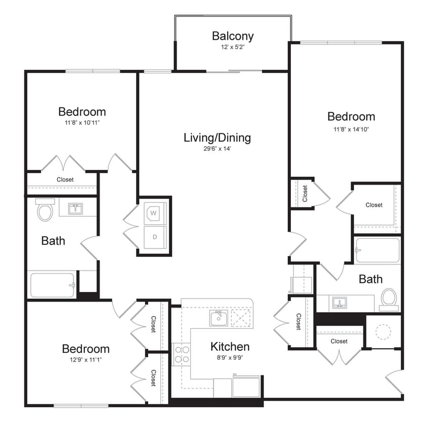 Floor Plan - Three Bedroom/Two Bath (3B-A) Balcony