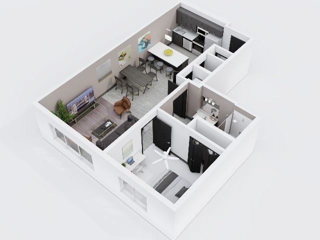 City Scape 1A2A is a spacious open concept one bedroom floor plan that features modern finishes and an in-unit washer and dryer. - City Scape 1A2A