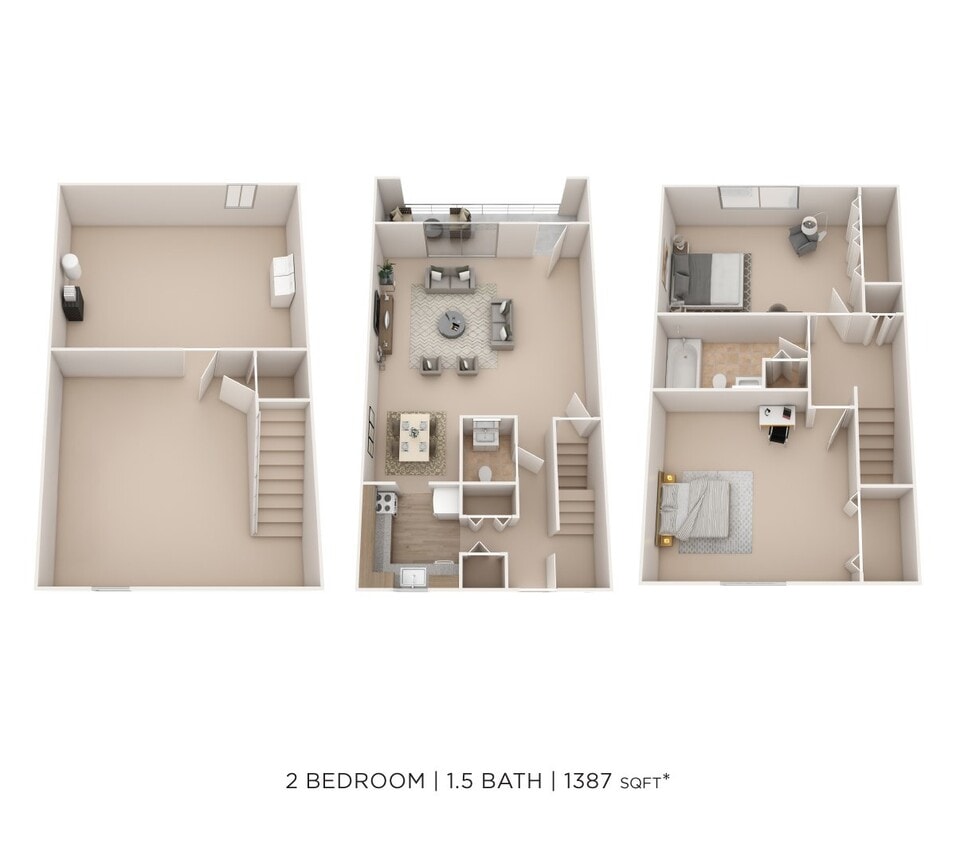 Floor Plan - Two Bedroom 1.5 Bath Townhome - 1,387 sqft