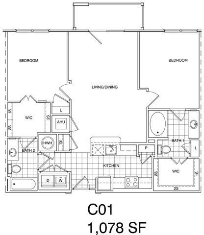 Floor Plan - 2 Bedroom, 2 Bath 1078 SF KC1.1