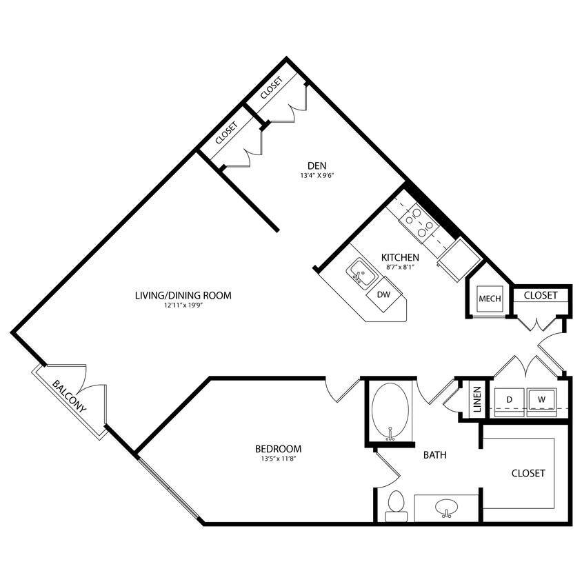 Floor Plan - 1 Bedroom + Den, 1 Bath 1023 SF B8
