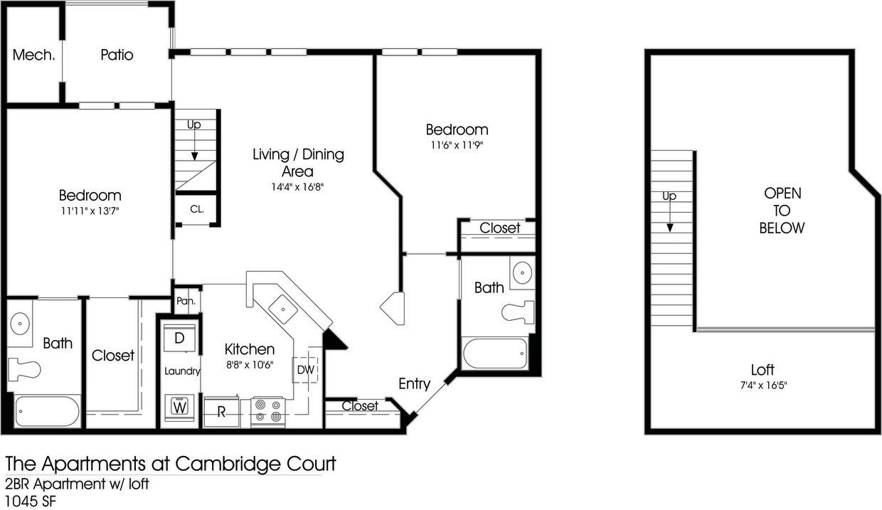 Floor Plan - 2BR 2BA Loft (1045sf)
