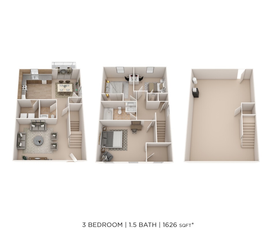 Floor Plan - Three Bedroom 1.5 Bath Townhome