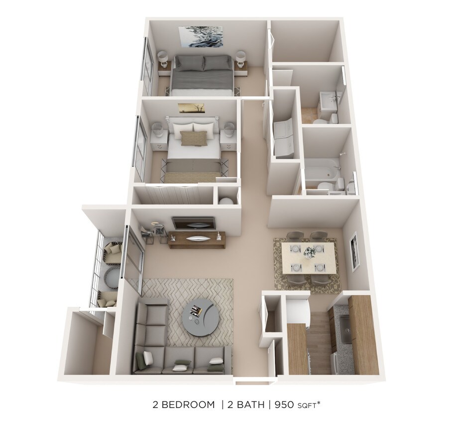 Floor Plan - Two Bedroom 2 Bath - 950 sqft