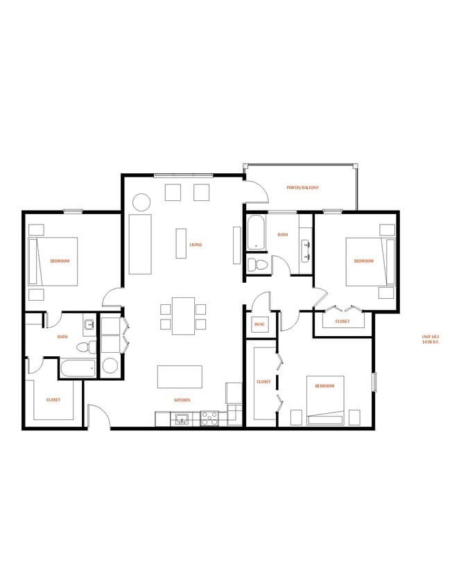 D-1,438 sq ft 3 bedroom/2 bathroom - D