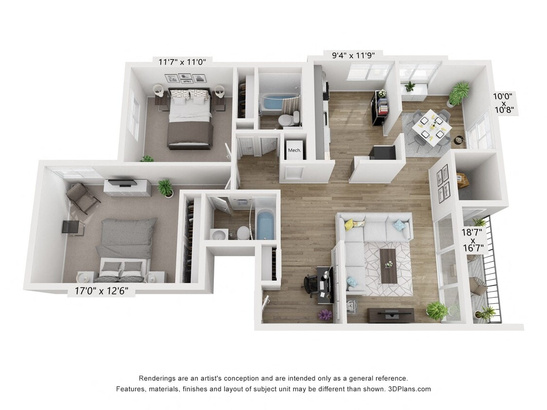 Floor Plan - Q - 2BR 2BA (1055sf)