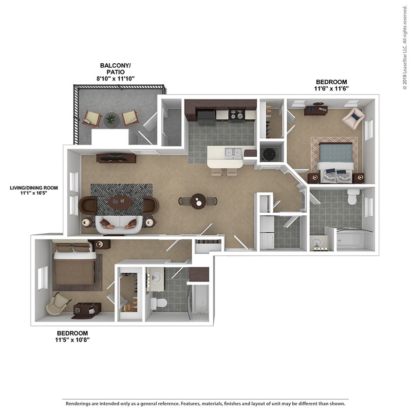 Floor Plan - 2 Bedroom, 2 Bath 1,070 sq. ft. - Barlow