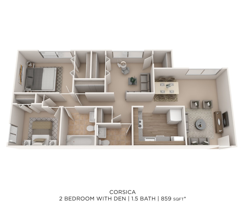 Floor Plan - Two Bedroom 1.5 Bath - 859 sqft