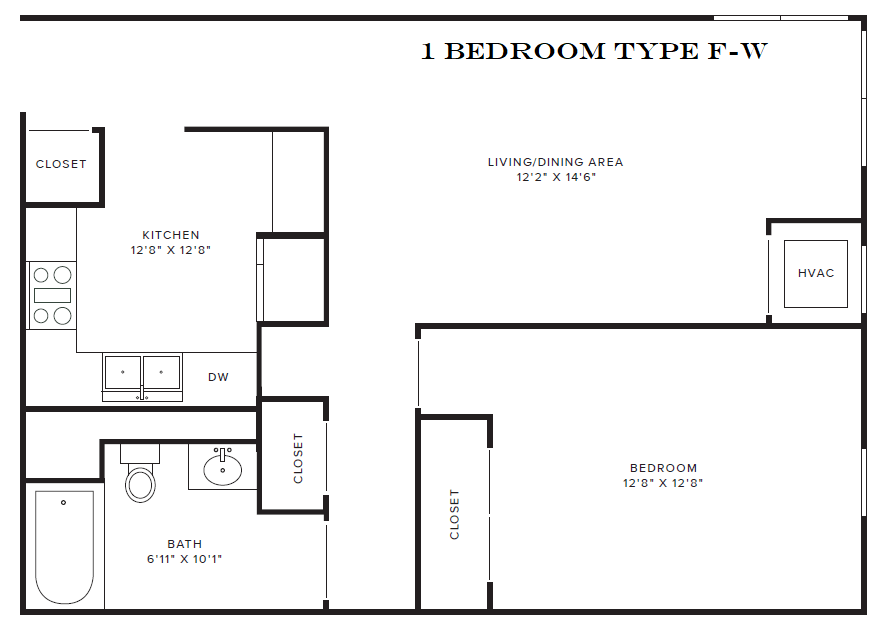 Floor Plan - 1 Bedroom Type F - W View