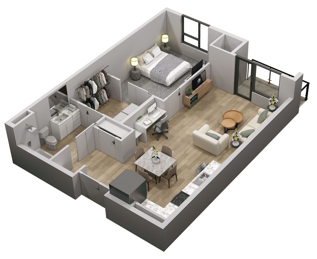 Floor Plan - 1 Bed 1 Bath Apartment (B) 