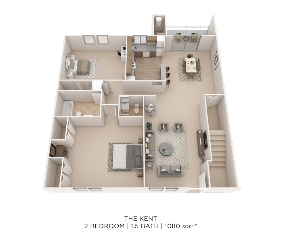 Floor Plan - Two Bedroom 1.5 Bath - 1,080 sqft