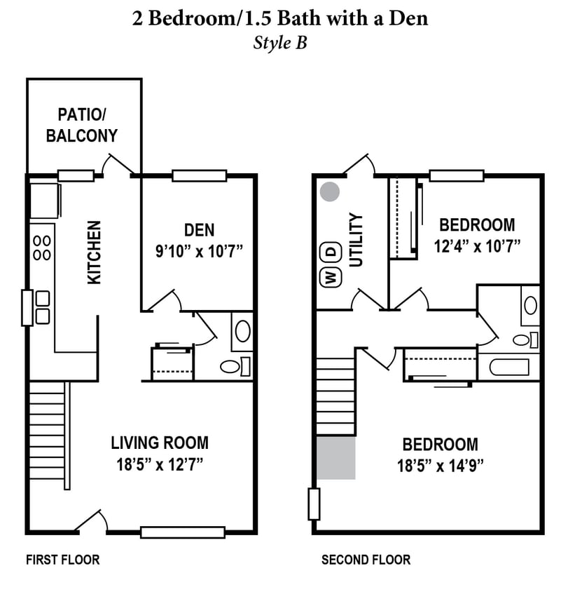 Floor Plan - 2 Bedroom, 1.5 Bath Duplex with Den 1,200SqFt