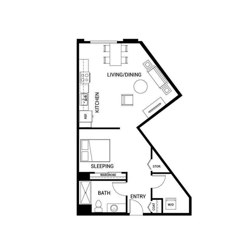 Modern floor plan showcasing a sleek studio layout with an open-concept living/dining area, compact kitchen, cozy sleeping area, and well-appointed bathroom, perfect for urban living. - A14