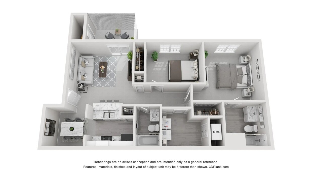 A 3D rendering of The Bickley, our 2 bedroom 2 bathroom floor plan - The Bickley