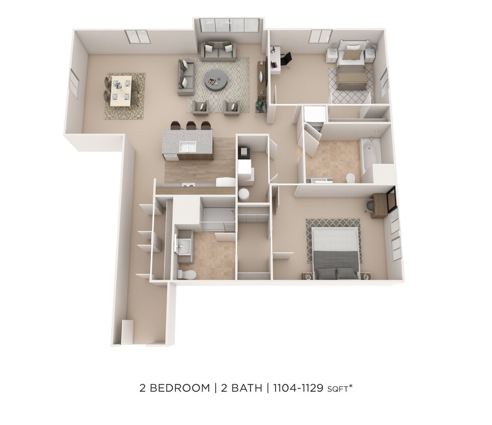 Floor Plan - Two Bedroom 2 Bath- 1229 sqft