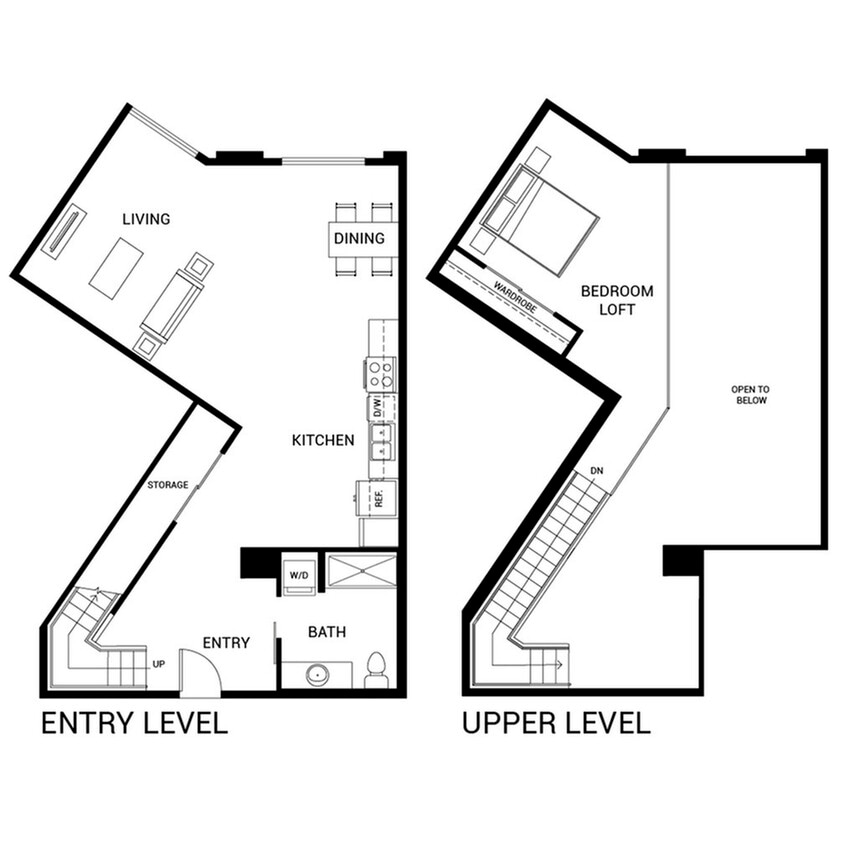 Modern two-level floor plan with a spacious living and dining area, open kitchen, and a chic bedroom loft. - A12