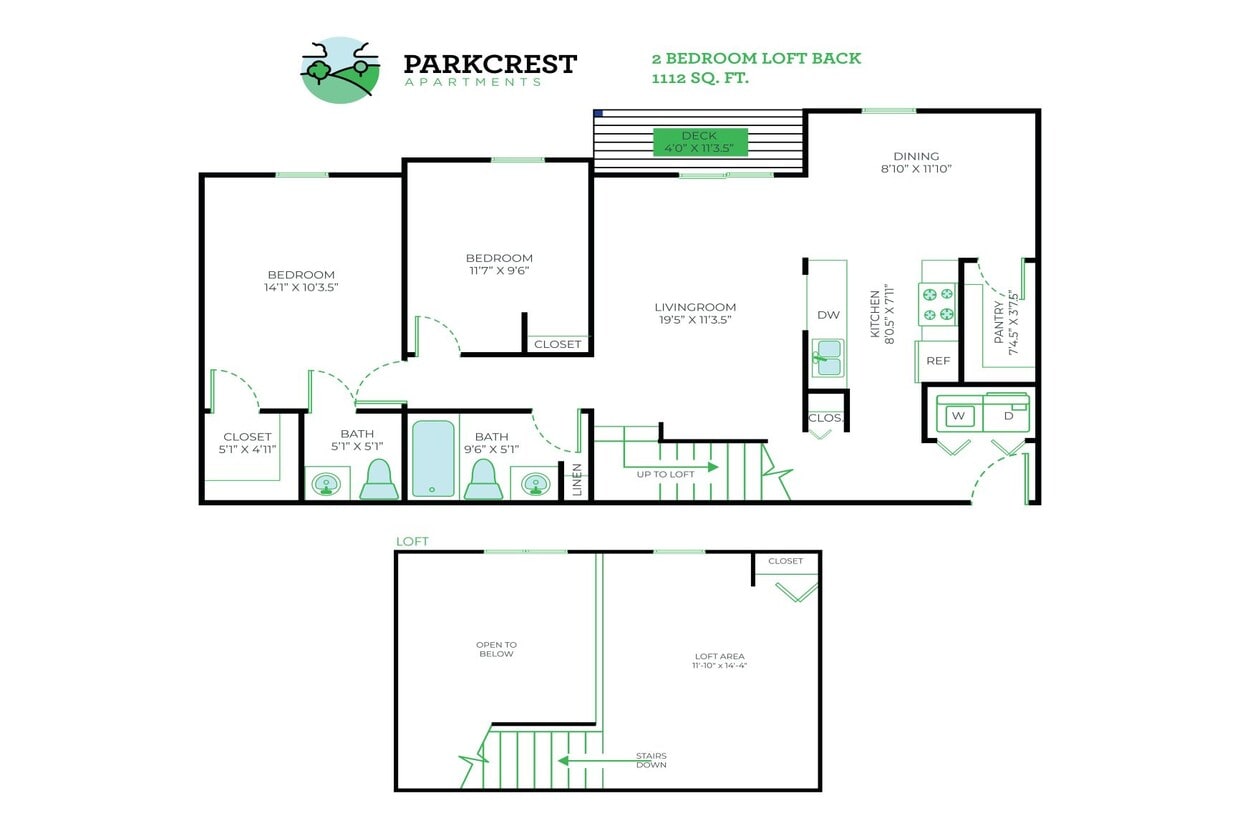 Floor Plan - 2 Bed, 1.5 Bath Loft - 1,112 sq ft