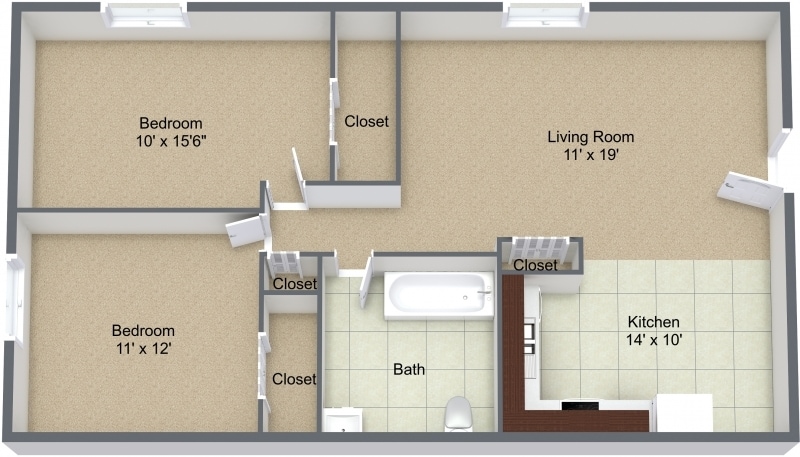 2BR, 1BA - 800 SF - Two bedroom