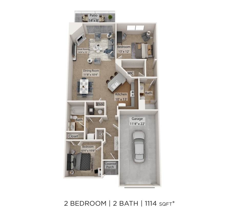 Floor Plan - Two Bedroom 2 Bath - 1,114 sqft