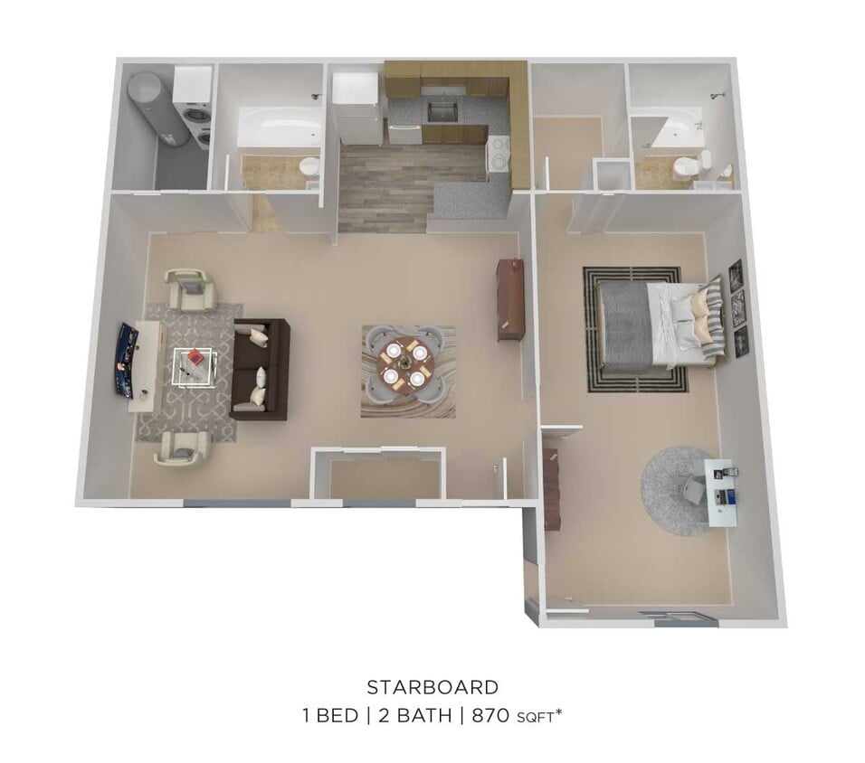 Floor Plan - One Bedroom 2 Bath - 870 sqft