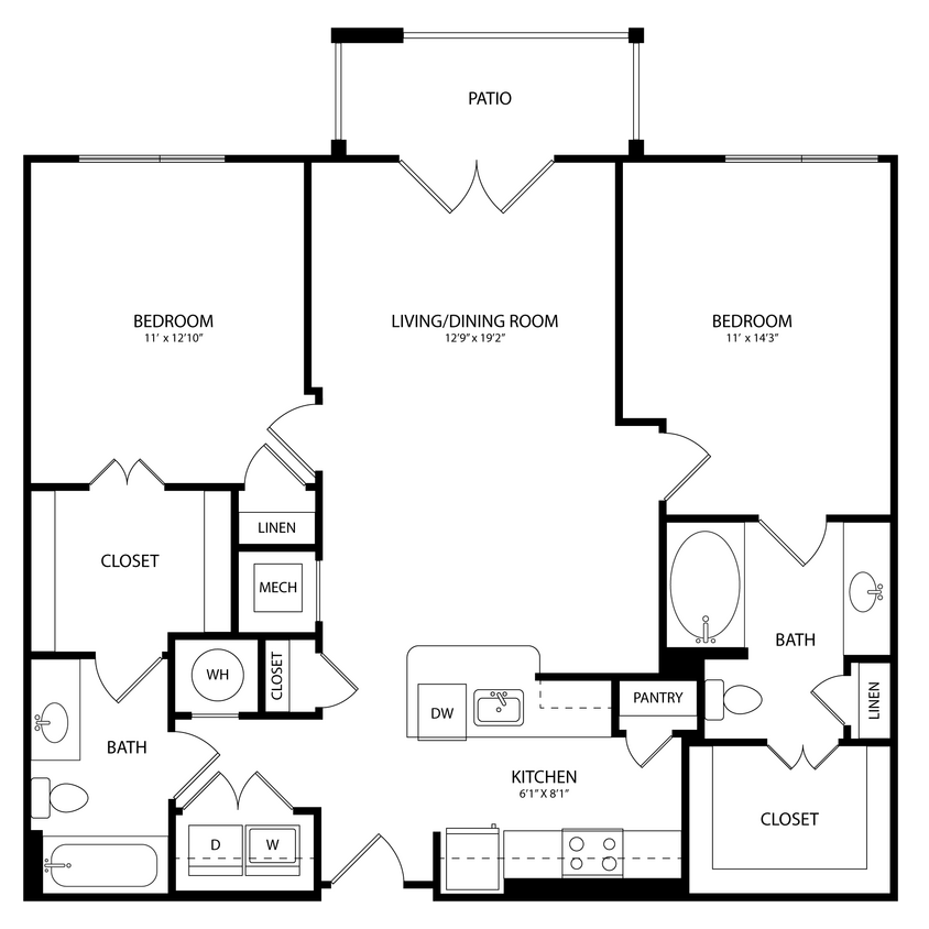 Floor Plan - 2 Bedroom, 2 Bath 1170 SF KC1.3