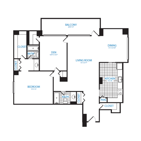 Floor Plan - 1 Bedroom + Den, 2 Bath 1266 SF A17