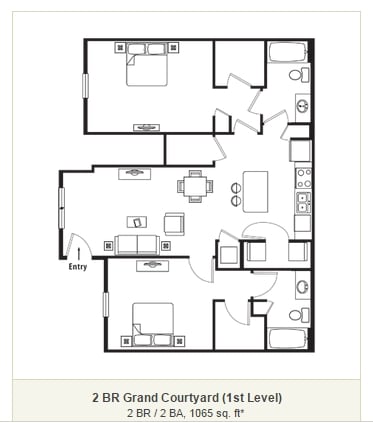 2 BR / 2 BA, 1065 sq. ft - 2 BR Grand Courtyard
