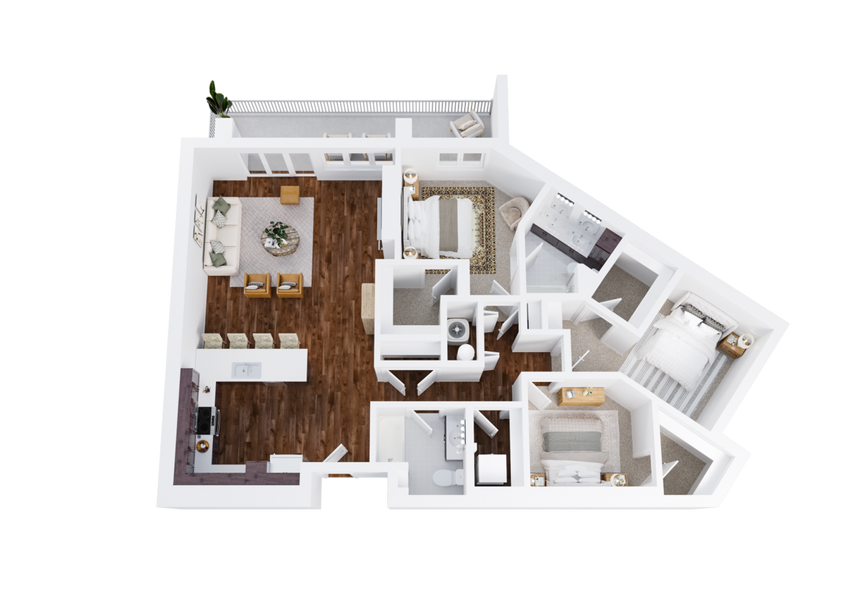 Three-Bedroom, Two-Bathroom with Balcony Floor Plan Rendering - 3x2 Balcony