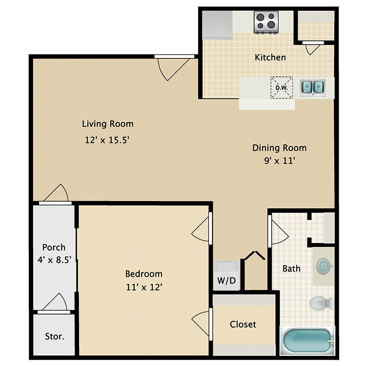 Larger 1/1 Floor Plan - Bellagio
