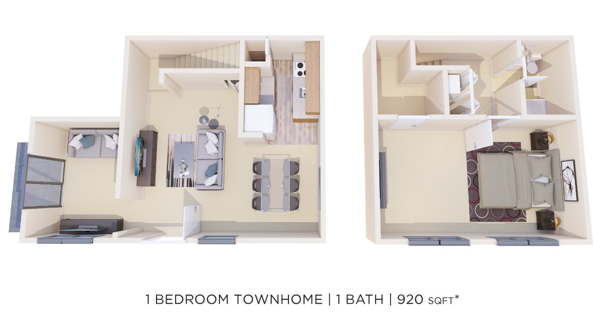 Floor Plan - One  Bedroom w/ Den Townhome - 920 sqft