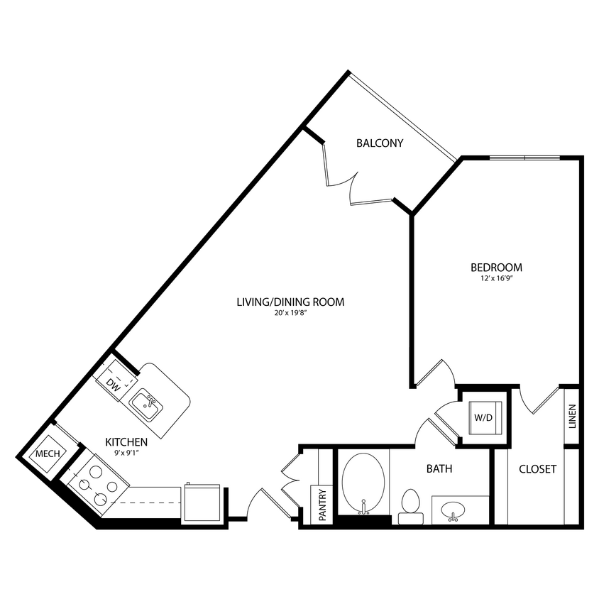 Floor Plan - 1 Bedroom, 1 Bath 847 SF A4A