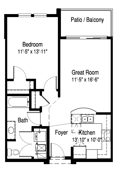 Floor Plan - 1 Bed, 1 Bath (B)