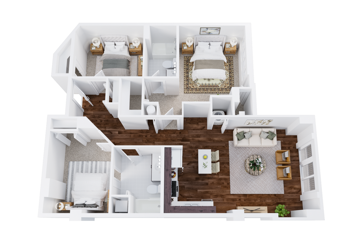 Three-Bedroom, Two-Bathroom Floor Plan Rendering - 3x2