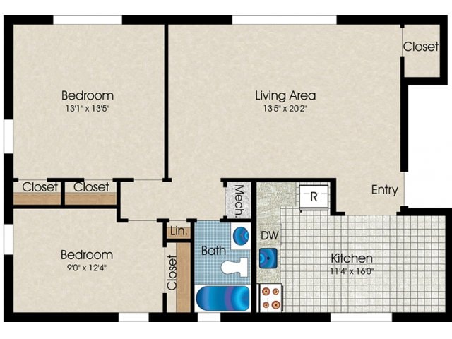 2 Bedroom, 1 Bath 900 sq. ft. - Standard Two Bedroom