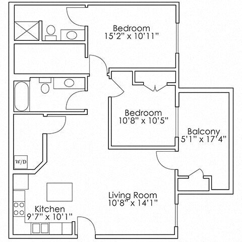 Floor Plan - 2 Bed, 2 Bath - B5 1050 SF
