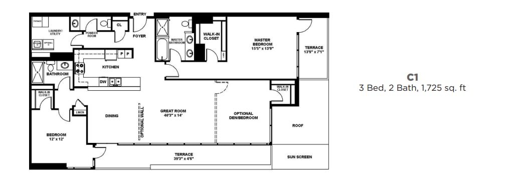 Floor Plan - C1 - Three Bedroom Two Bath