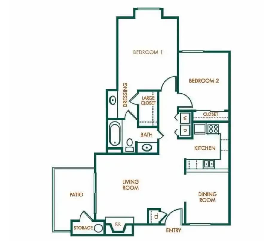 2x1 floorplan - Two Bedroom One Bathroom