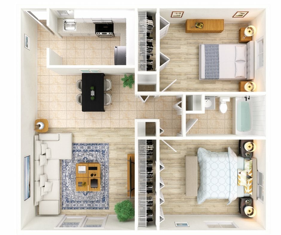 Elegant 2D floor plan displaying a chic two-bedroom apartment with modern kitchen, cozy living room, and well-appointed bathroom. - B1