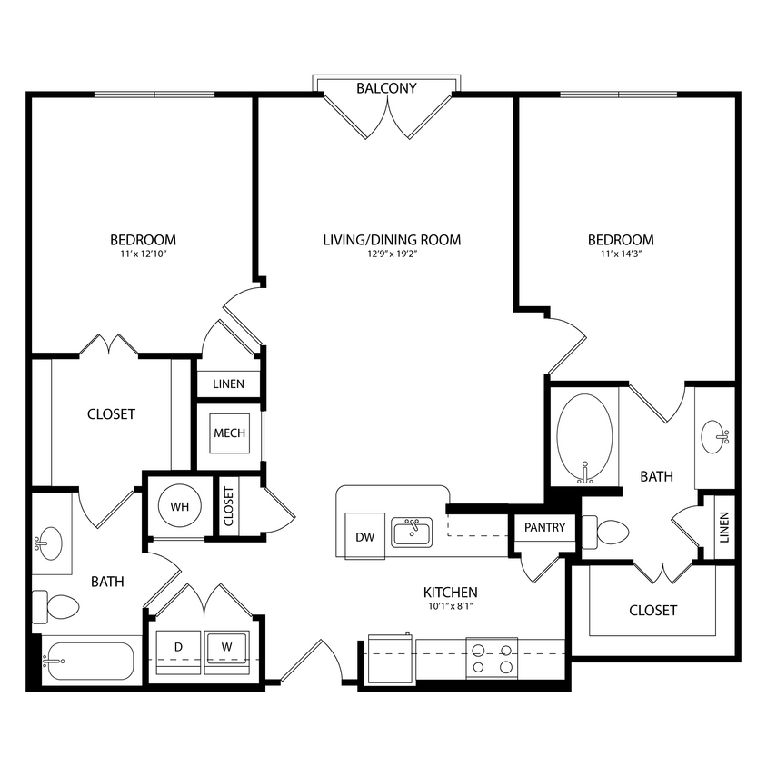Floor Plan - 2 Bedroom, 2 Bath 1068 SF KC1