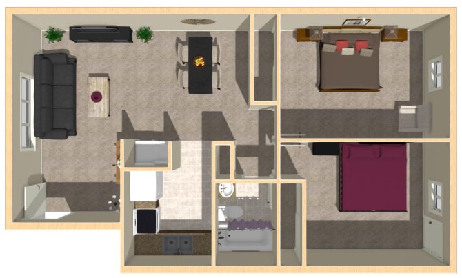Floor Plan - Two Bed One and a Half Bath 1020 sqft