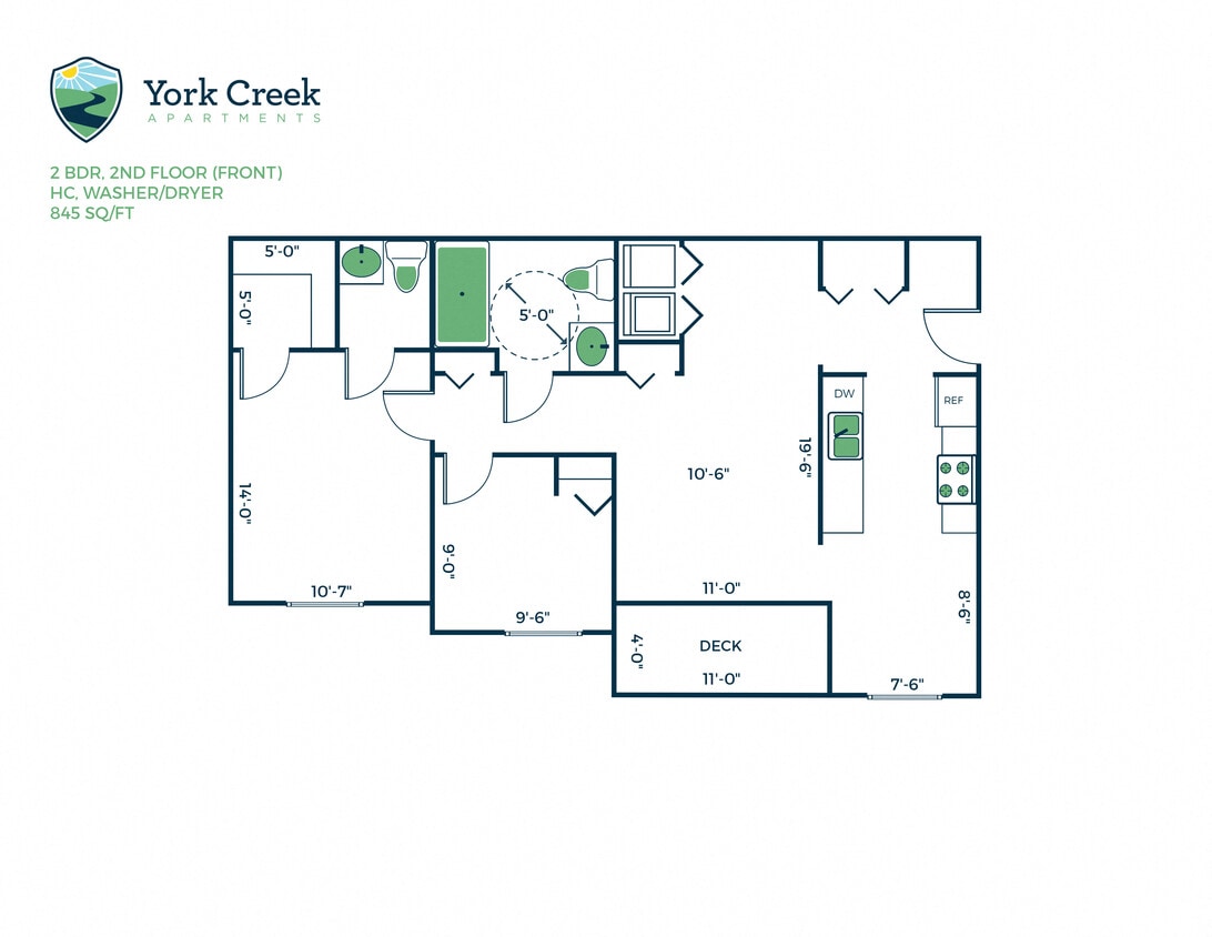 Floor Plan - 2 Bed, 1.5 Bath - 844 sq ft