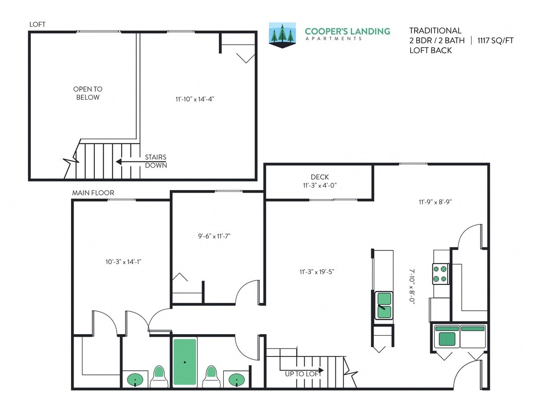 Floor Plan - 2 Bed, 1.5 Bath Loft - 1117 sq ft 
