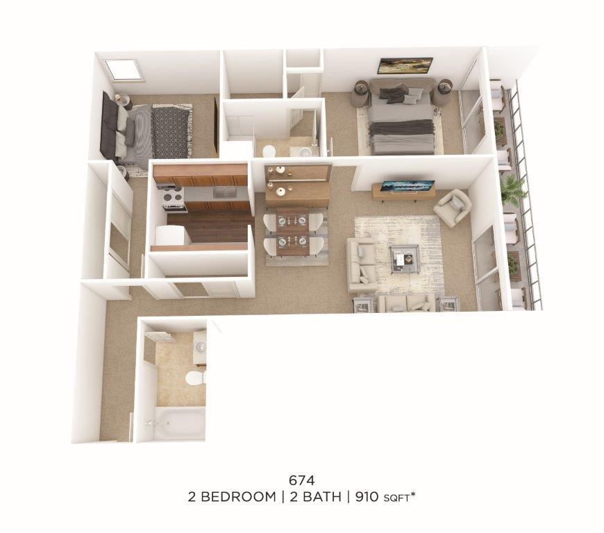 Floor Plan - Two Bedroom 2 Bath-910 sqft